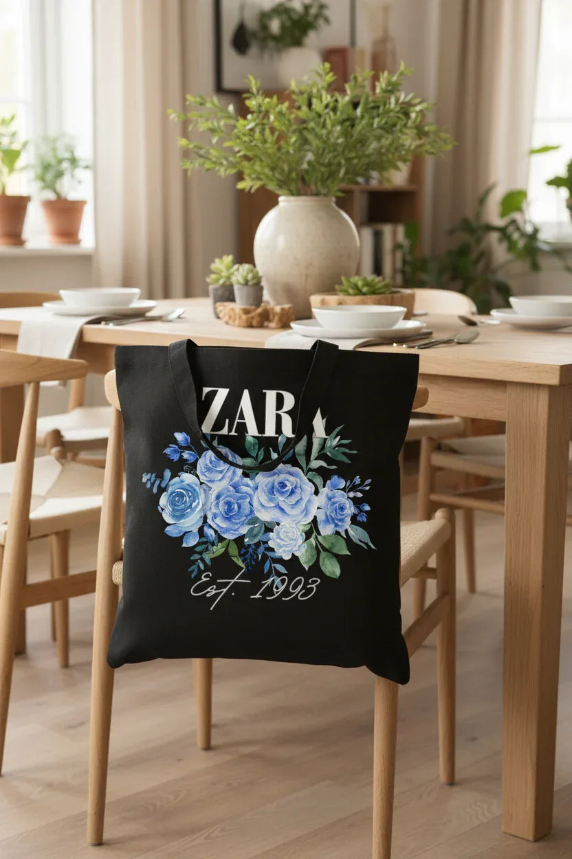 Personalised Floral Tote Bag | Custom Name, Text & Date | Choose Rose Colours | Eco Gift - Alley Crafters