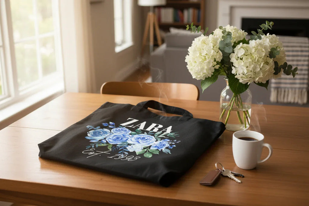 Personalised Floral Tote Bag | Custom Name, Text & Date | Choose Rose Colours | Eco Gift - Alley Crafters