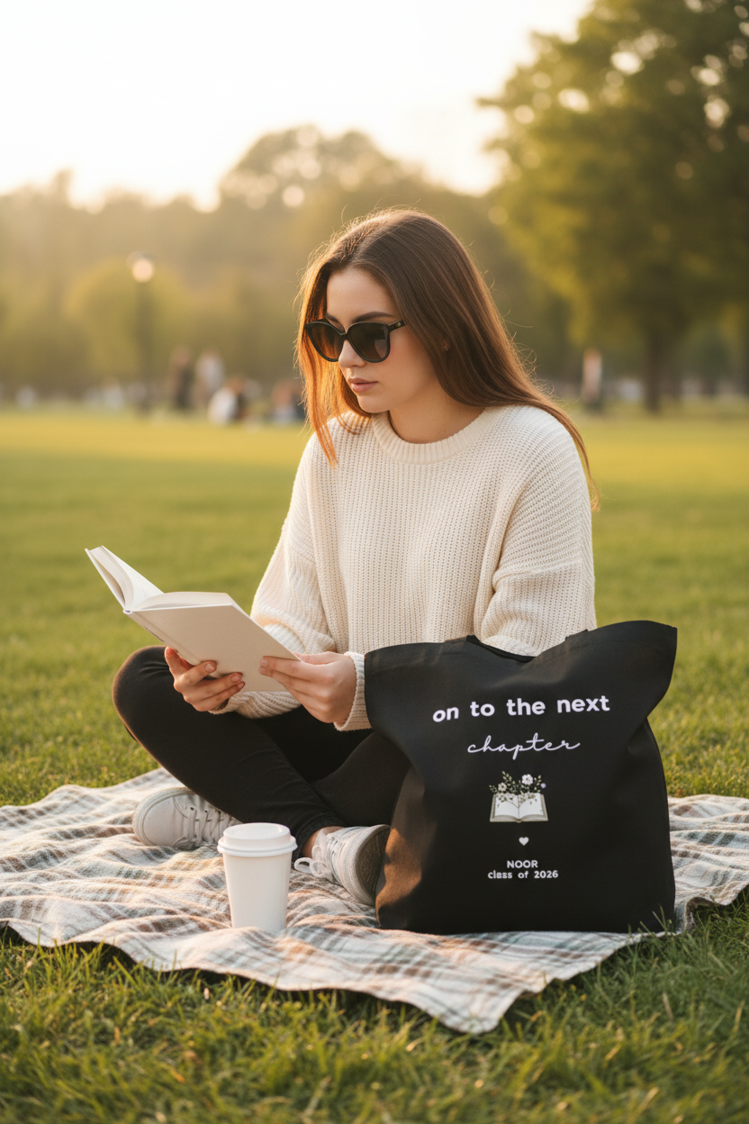 Black tote — reading on grass