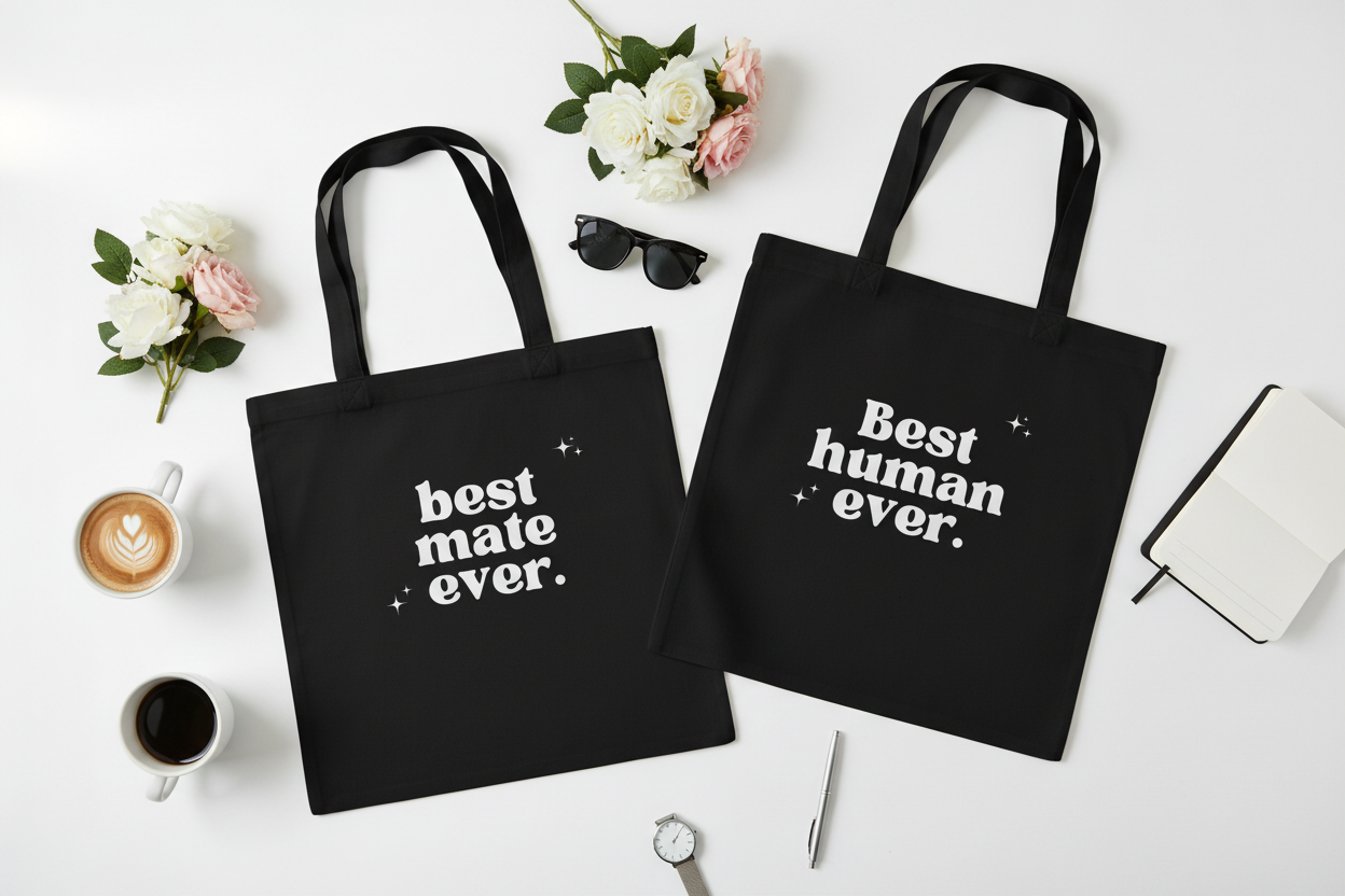 Black totes on white table