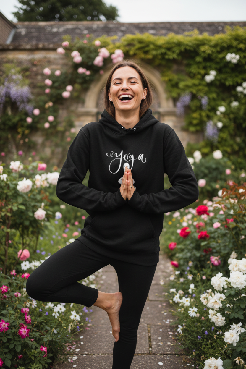 Black yoga hoodie with duck graphic, pullover hood and kangaroo pocket