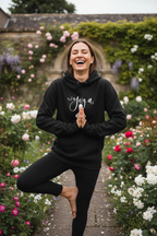 Black yoga hoodie with duck graphic, pullover hood and kangaroo pocket