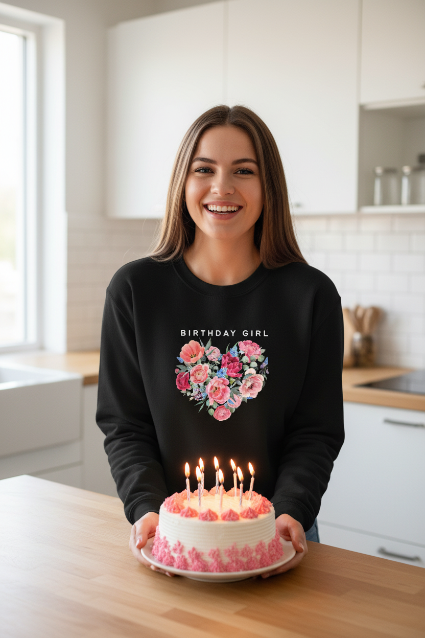 Black sweatshirt with "BIRTHDAY GIRL" lettering and floral heart graphic