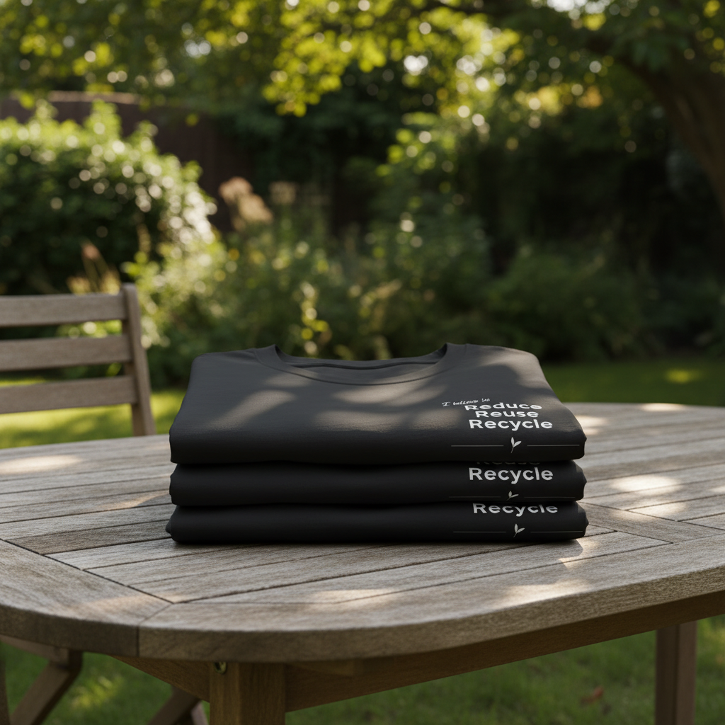 Stacked dark gray T-shirts with Reduce Reuse Recycle text graphic