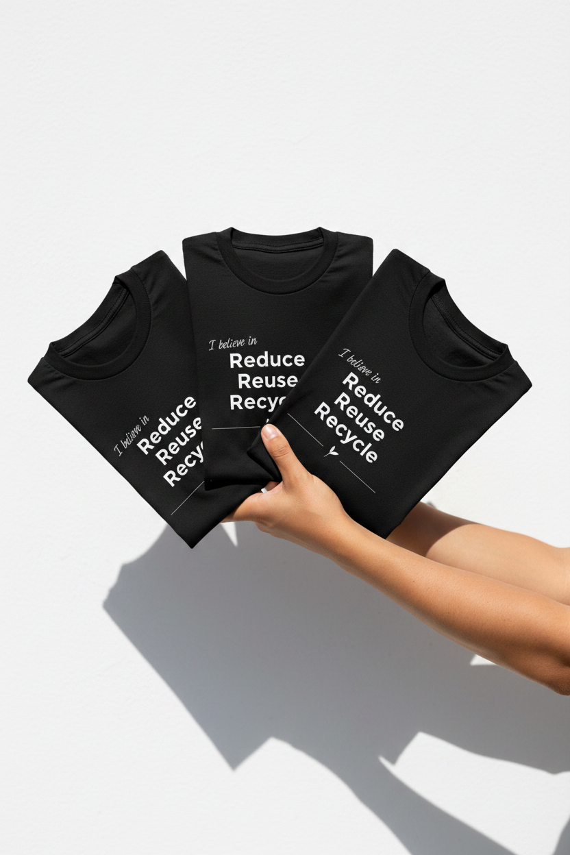 Black T-shirt set with Reduce Reuse Recycle graphic, crew neck