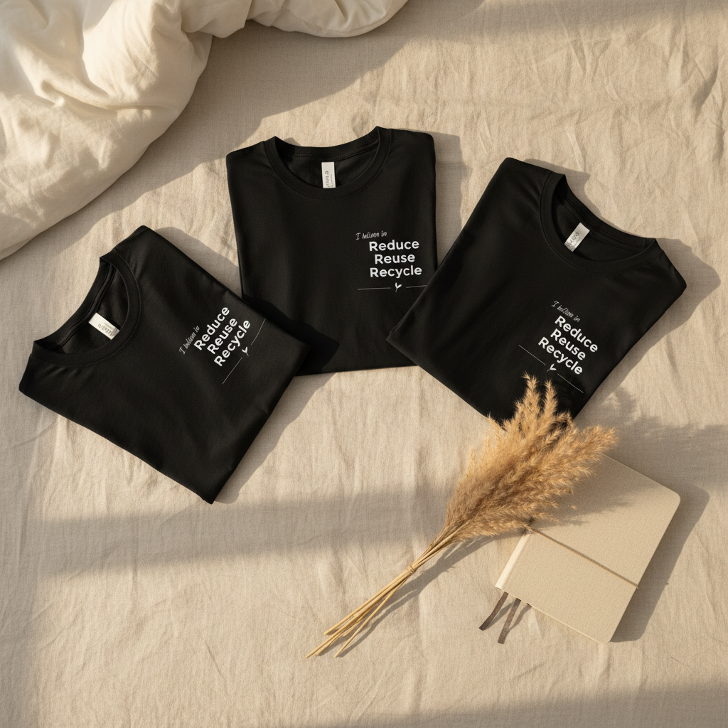 Black crew-neck T-shirts with Reduce Reuse Recycle graphic on bedding