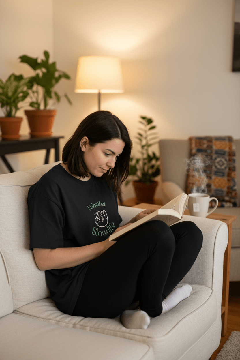 Black graphic T-shirt with Slow life text and cat paw icon, worn.