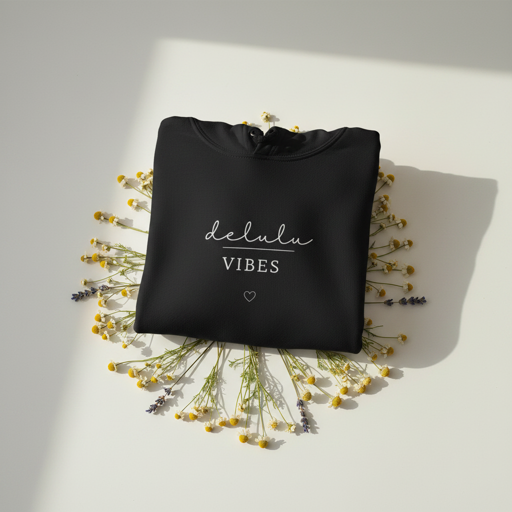 Black hoodie folded flat with drawstring hood and “delulu vibes” slogan with heart