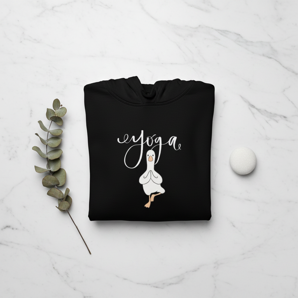 Black yoga duck pose hoodie flat on white with duck graphic