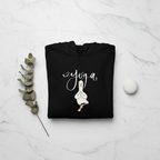Black yoga duck pose hoodie flat on white with duck graphic