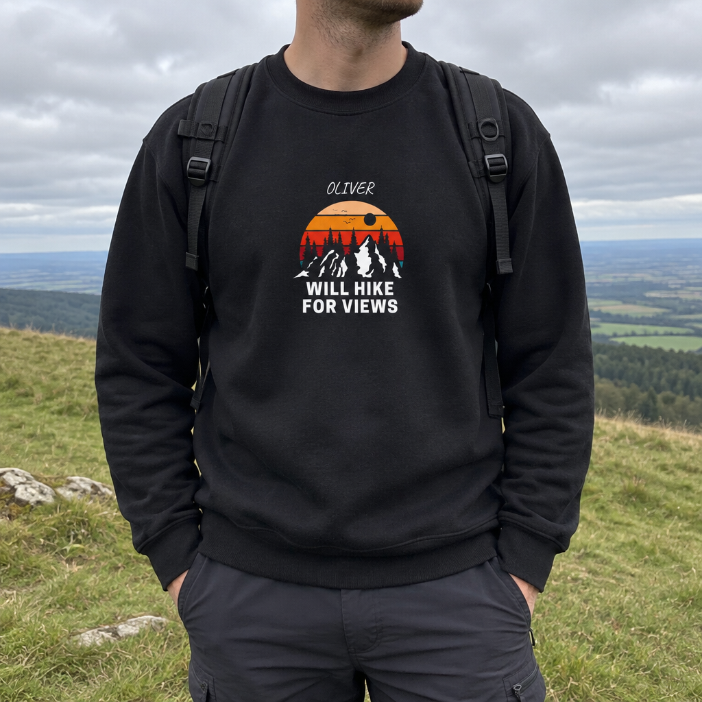 Black Will Hike for Views sweatshirt with Oliver