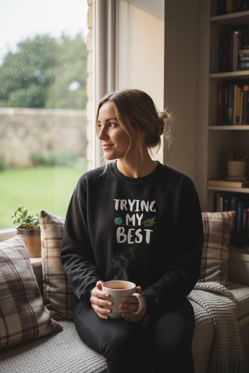 Black sweatshirt on woman sitting, 'TRYING MY BEST' quote with globe-and-leaves