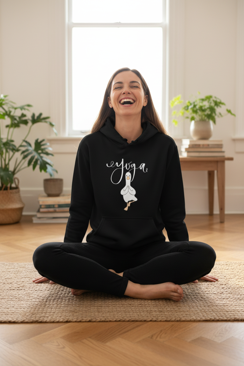 Black yoga hoodie with duck graphic, pullover hood and front kangaroo pocket
