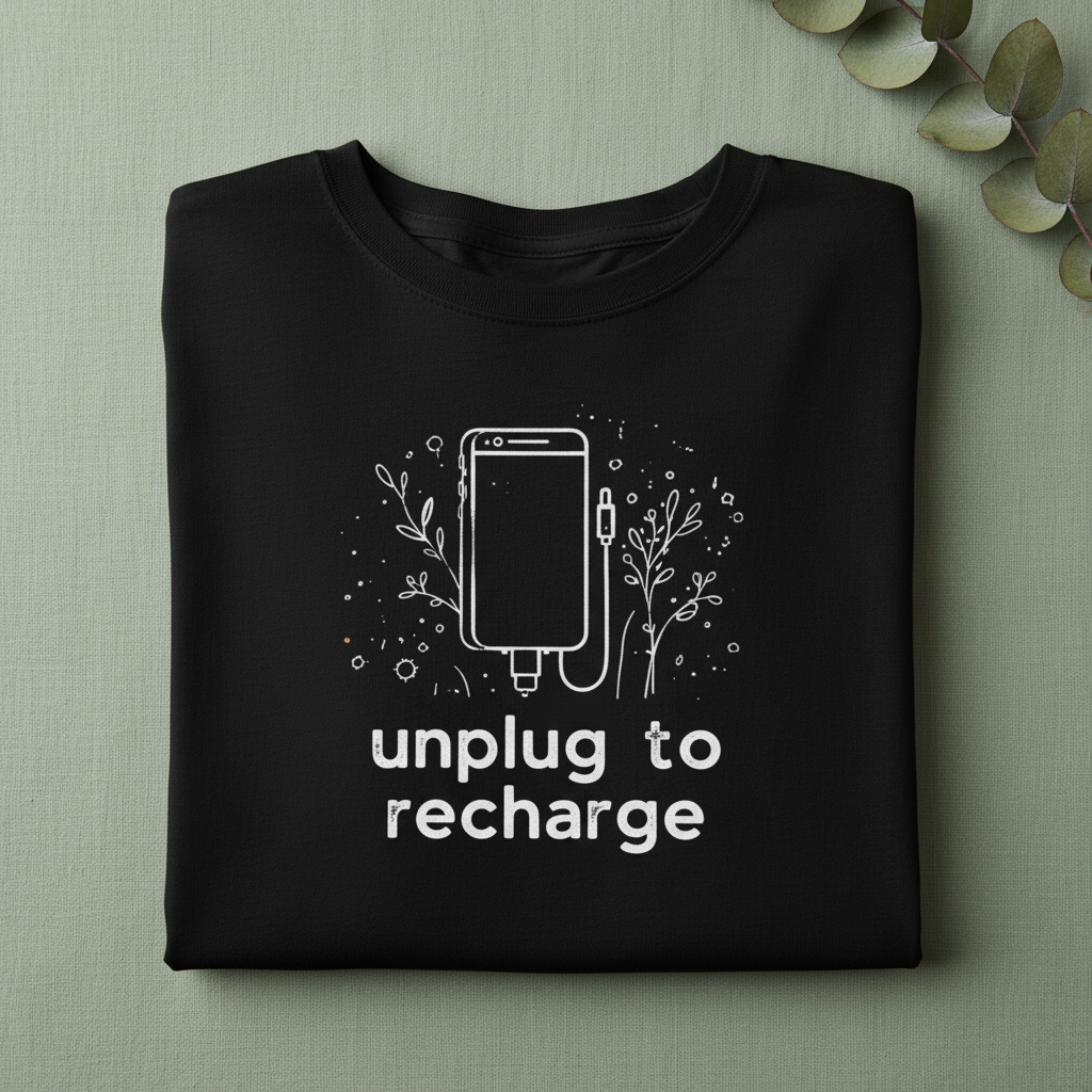 Unisex T-shirt in black with unplug to recharge phone graphic