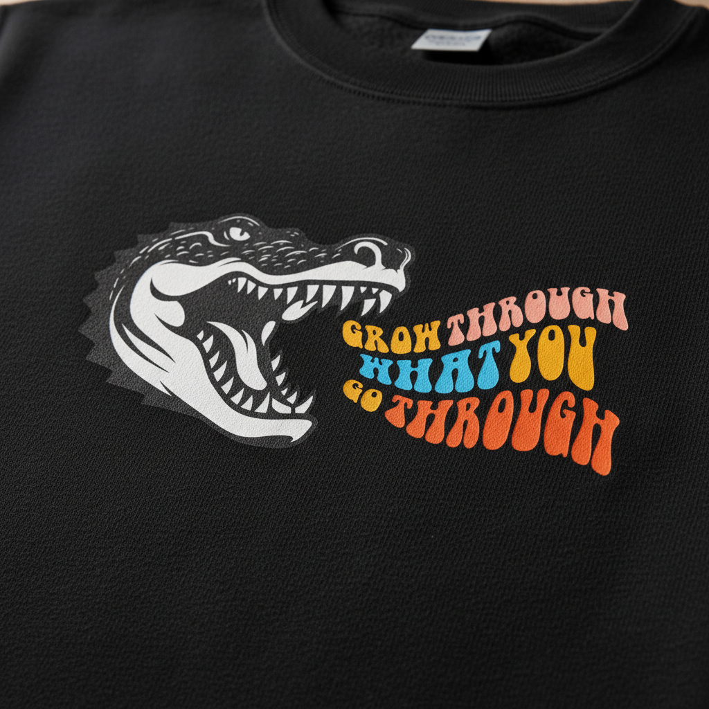 Black sweatshirt close-up with crocodile graphic and orange multicolor “grow through” text