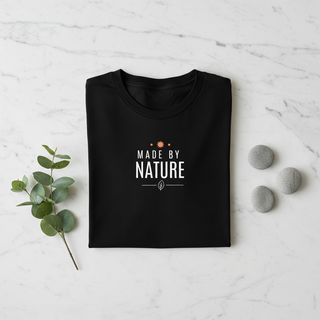 Black crewneck t-shirt with "Made By Nature" eco graphic logo print