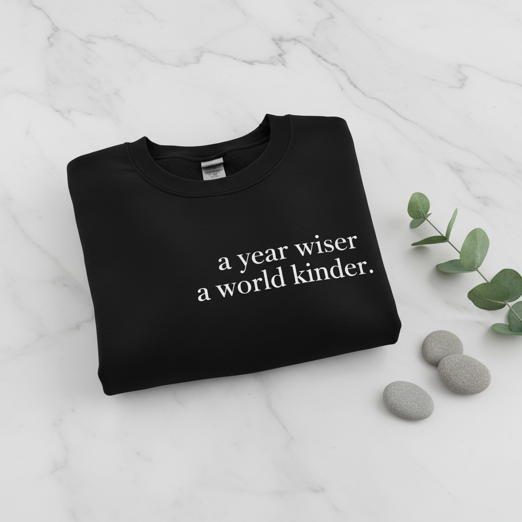 Black sweatshirt with “a year wiser, a world kinder.” text printed on the front.