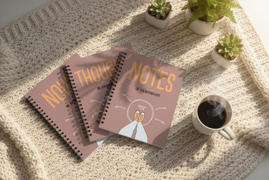 A5 spiral notebook with lined pages cover in taupe and black, “THOUGHTS NO TES” design