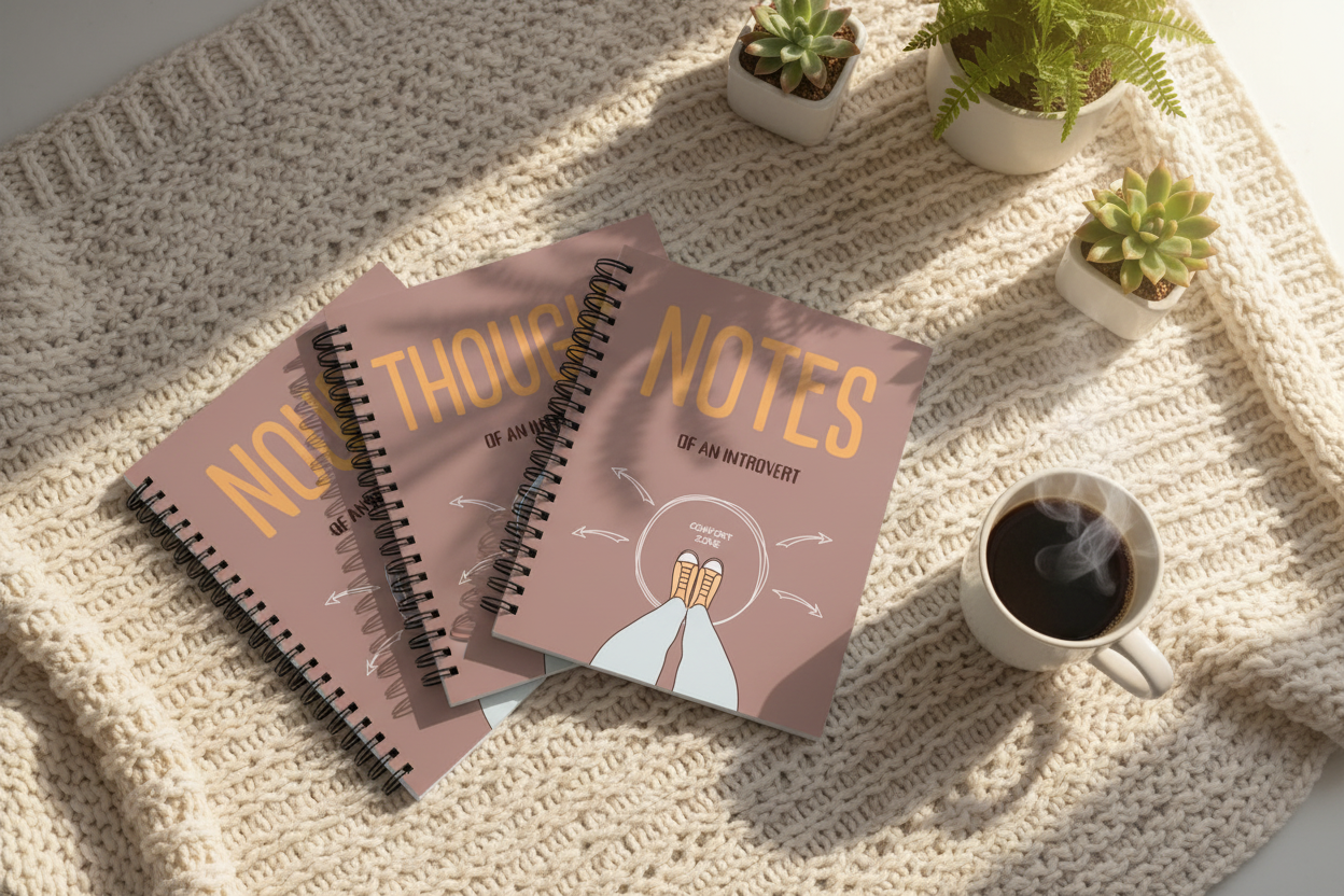 A5 spiral notebook with lined pages cover in taupe and black, “THOUGHTS NO TES” design