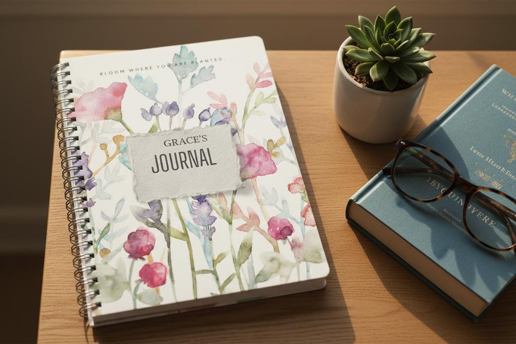 Bloom Where You Are Planted A5 floral journal personalised with Grace's, lying on a bedside table beside a small succulent, a book and reading glasses in a candid UGC-style photo