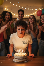 White crew-neck T-shirt with 'Birthday Energy' chest graphic