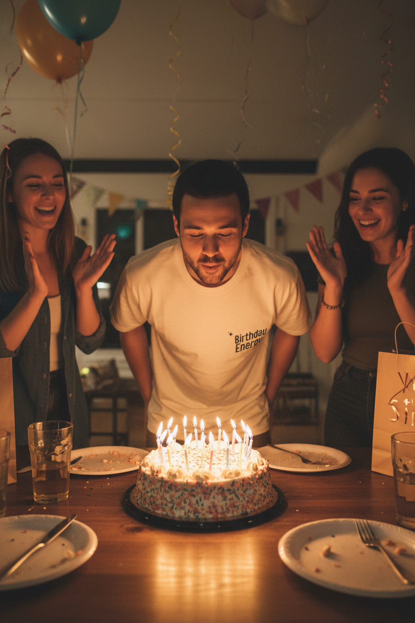 White crew-neck short-sleeve T-shirt with small 'Birthday Energy' chest graphic