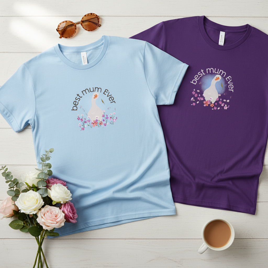 Blue and purple t-shirts taking up most of frame