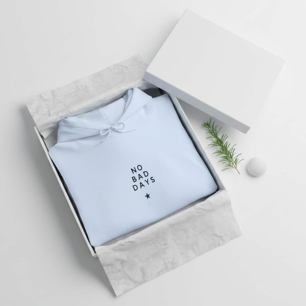 Light blue hooded sweatshirt folded in gift box with chest graphic