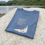 Blue hiking T-shirt with pine tree graphic and quote text on chest