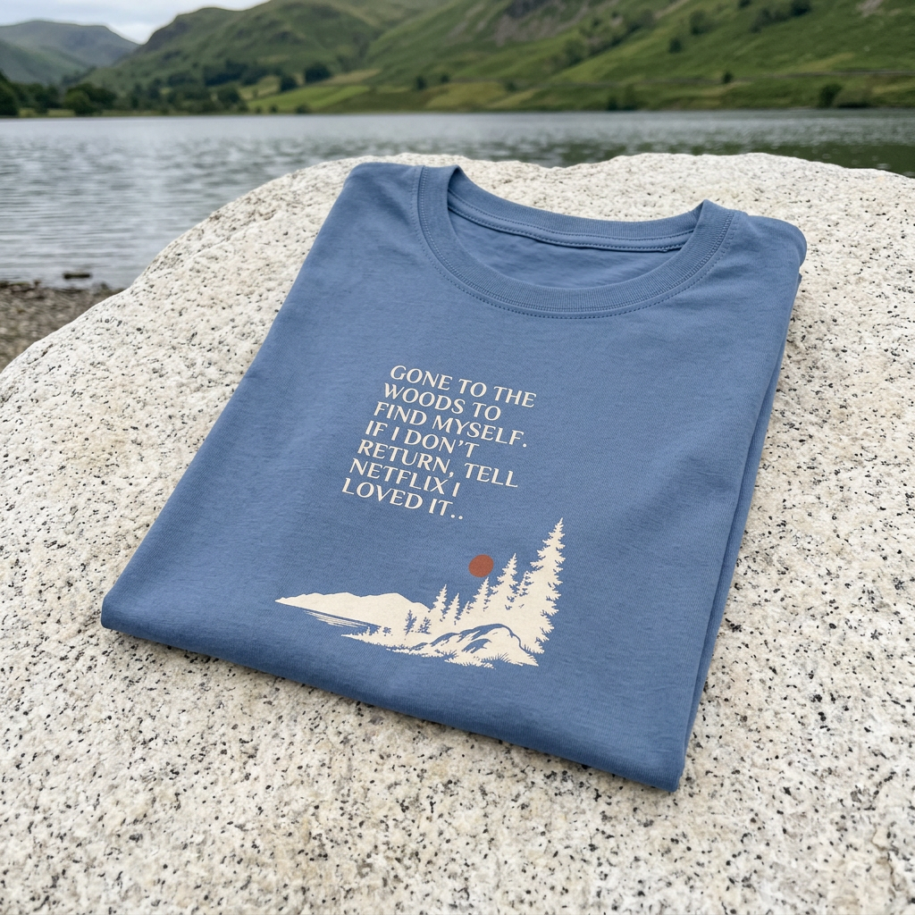 Blue hiking T-shirt with pine tree graphic and quote text on chest