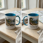 Blue Lake District mug, both sides, with Our happy place and Emma & James 2026 personalisation