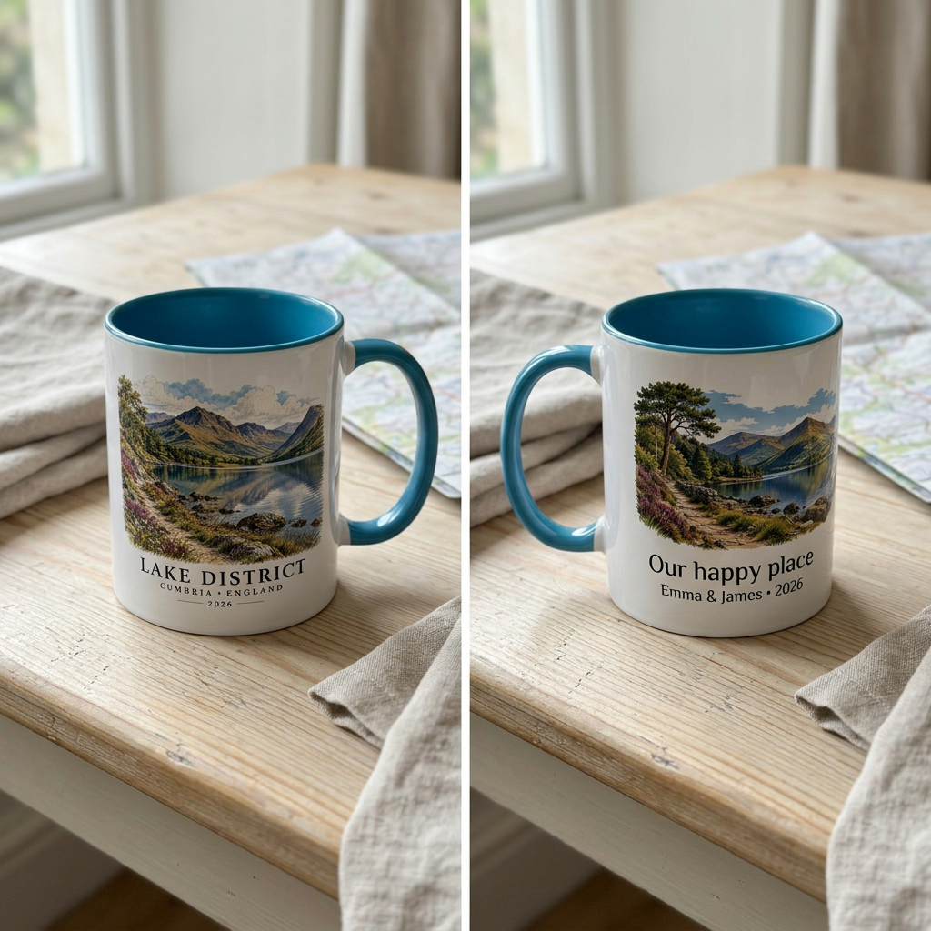 Blue Lake District mug, both sides, with Our happy place and Emma & James 2026 personalisation