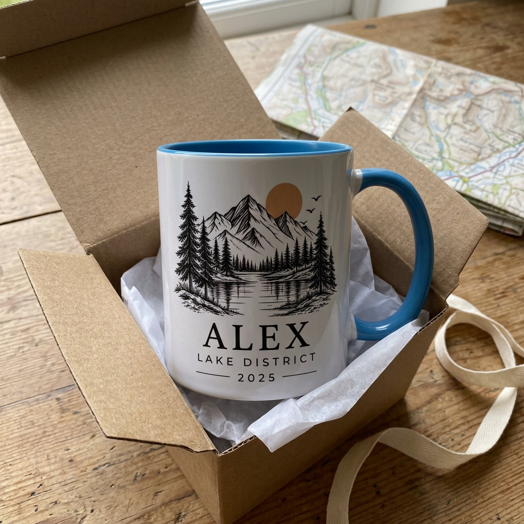 Blue mountain mug personalised for Alex with Lake District and 2025, styled in an open gift box