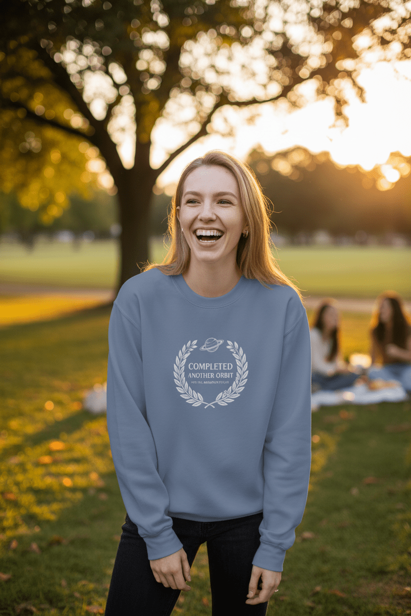 Light blue sweatshirt with white 'Completed Another Orbit' wreath graphic