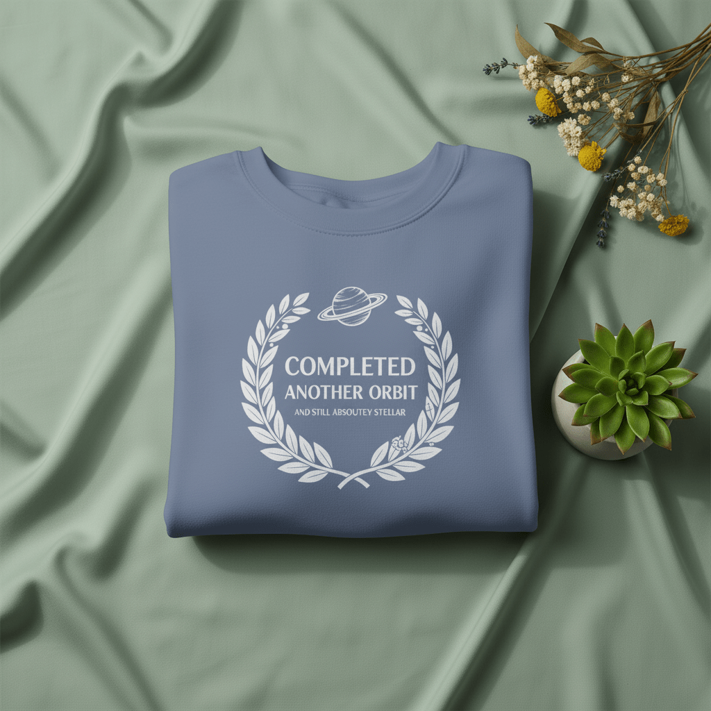Blue sweatshirt folded flat with white 'Completed Another Orbit' wreath logo