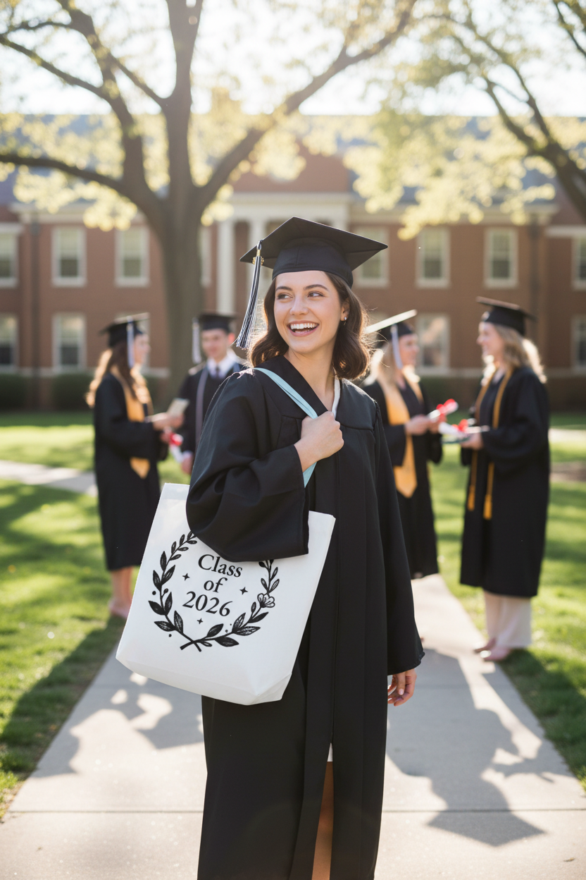 Black graduation tote bag with Class of 2026 wreath and graduation cap print