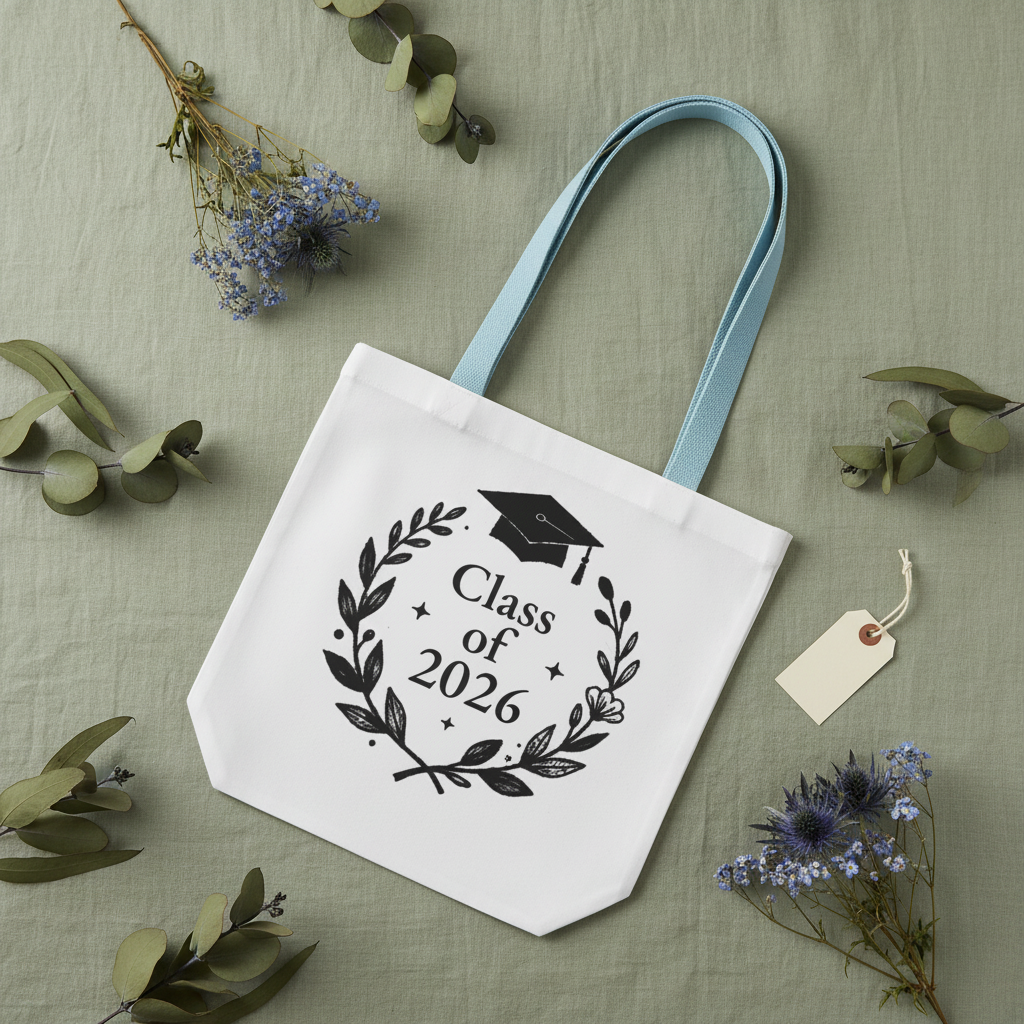 White graduation tote bag with light blue handles and 'Class of 2026' wreath print