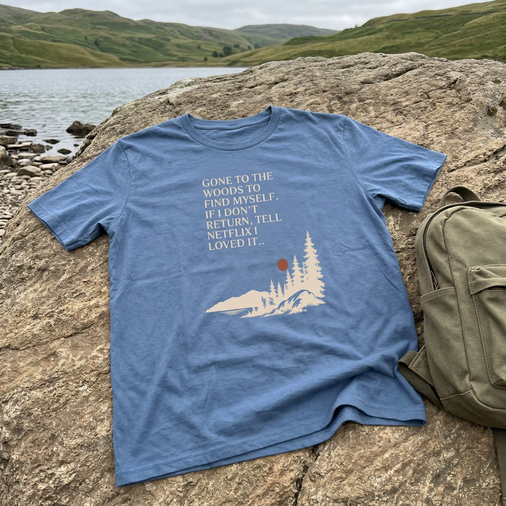 Blue hiking T-shirt with pine tree graphic and quote text on front