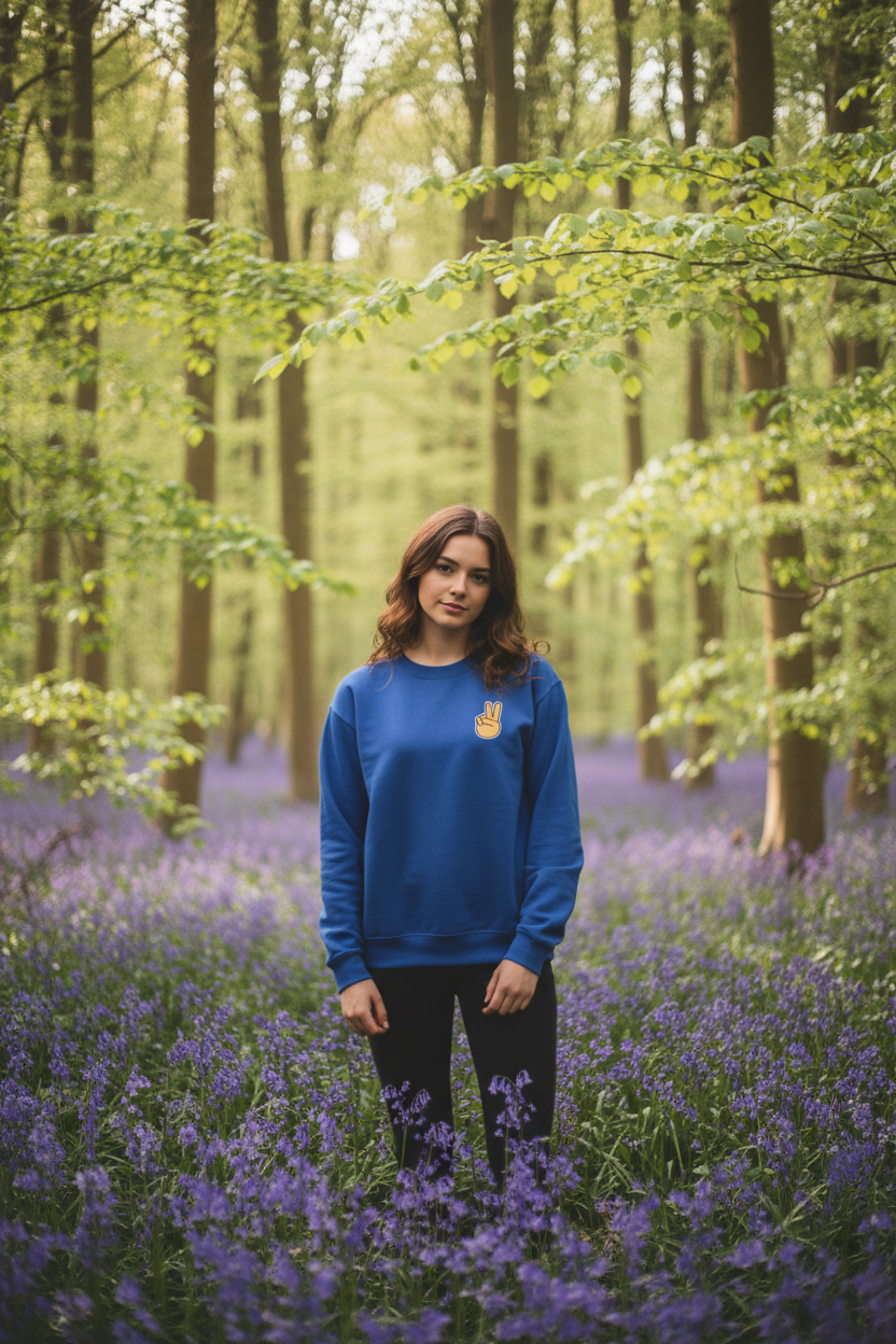 Royal blue crewneck sweatshirt with peace sign hand embroidery