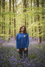 Royal blue crewneck sweatshirt with peace sign hand embroidery