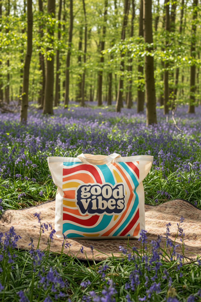 White canvas tote bag with 'good vibes' retro wave graphic on front