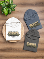 Four hoodies on display: white, charcoal, gray, and blue, each with 'ROOTS' graphic.