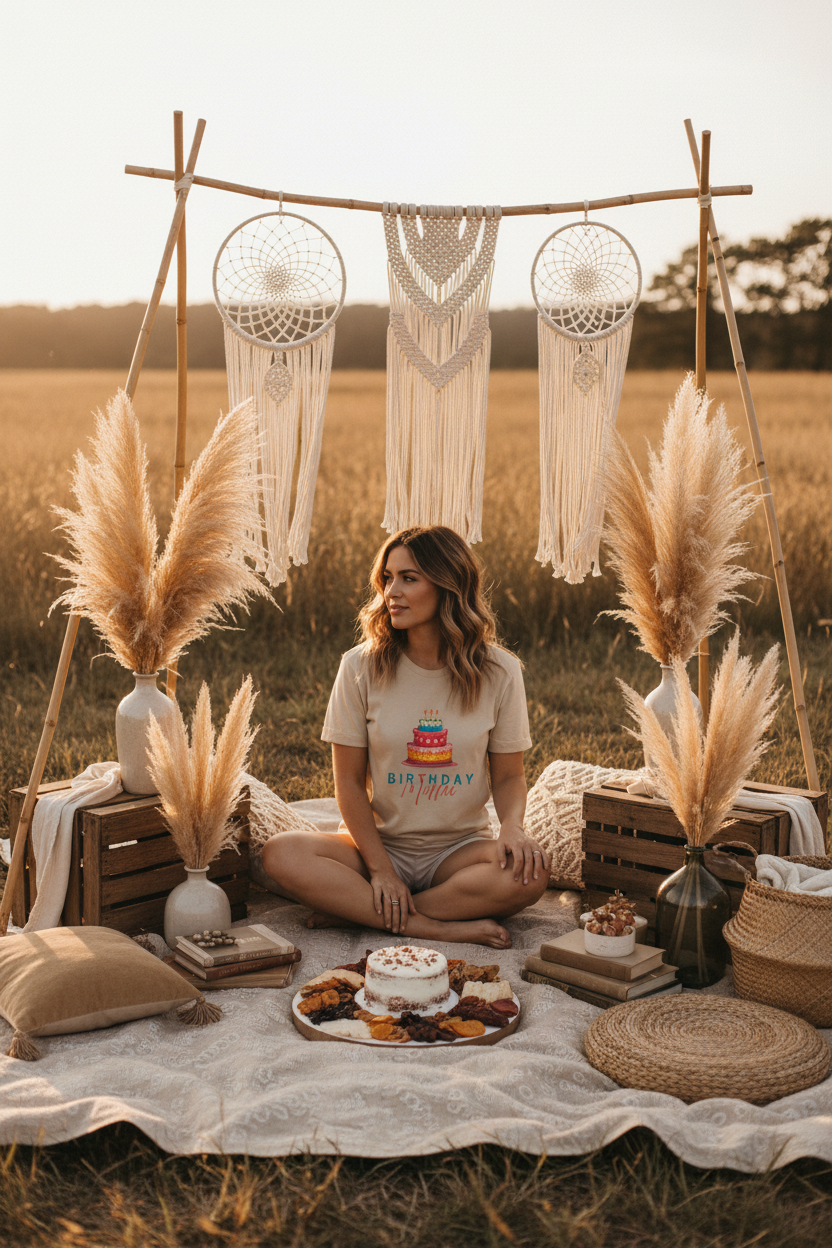 White birthday cake graphic T-shirt with “Birthday Mum” print worn outdoors at picnic