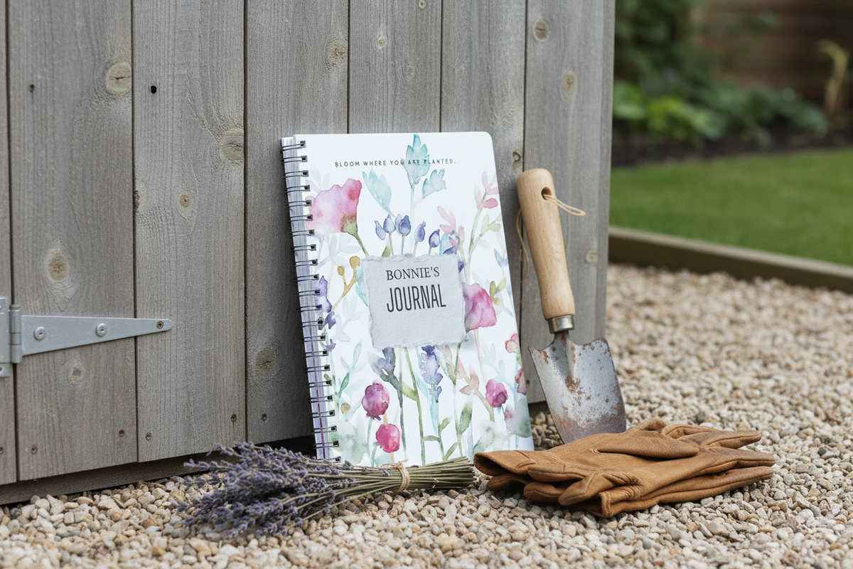 Bonnie's personalised Bloom Where You Are Planted A5 floral journal leaning against a weathered garden shed wall with dried lavender, a hand trowel and gardening gloves on gravel in a British country garden