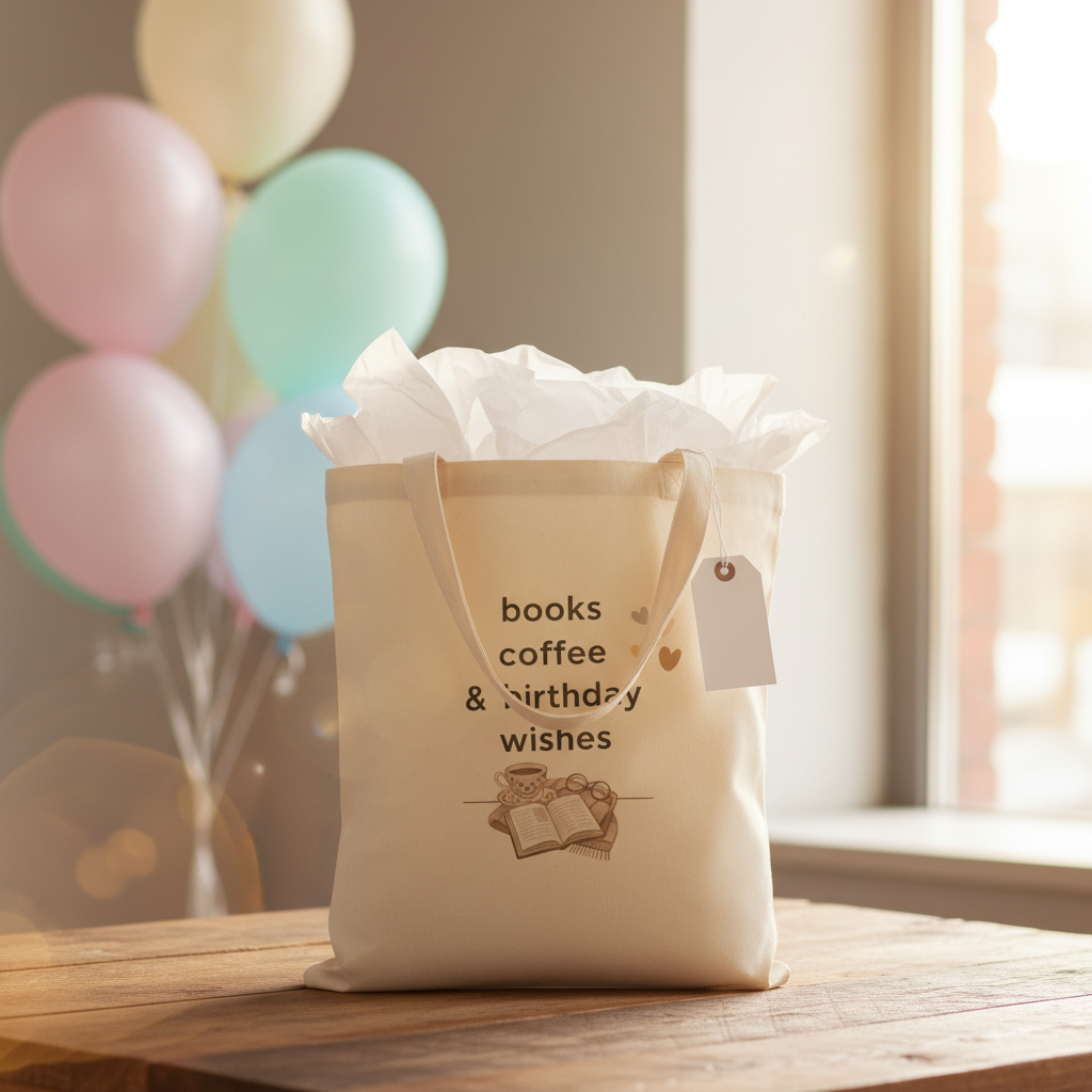 Natural tote bag with handles, 'books coffee & birthday wishes' print with book icon