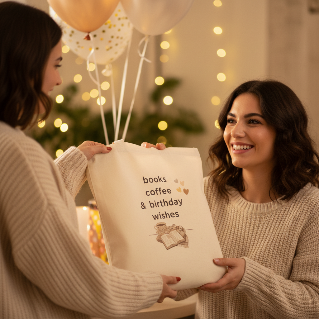 Natural canvas tote bag held in hands, 'books coffee & birthday wishes' print