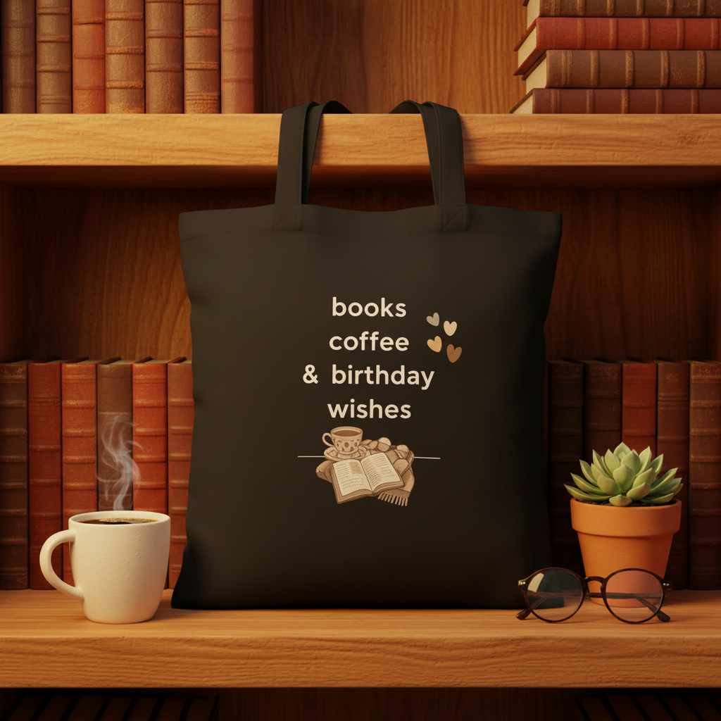 Black tote bag with handles, 'books coffee & birthday wishes' text and open-book icon