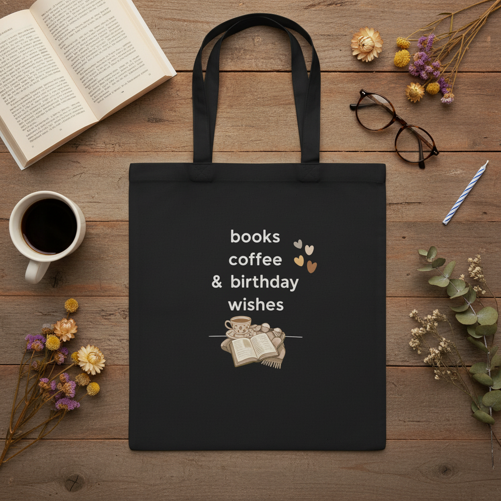 Black canvas tote bag with 'books coffee & birthday wishes' and open-book illustration