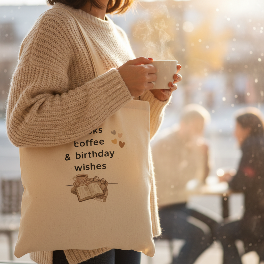 Natural canvas tote bag close-up, 'books coffee & birthday wishes' text and hearts