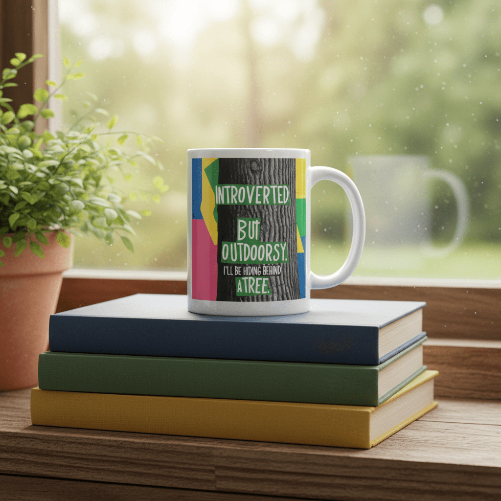 White mug with colorful nature quote on stacked books